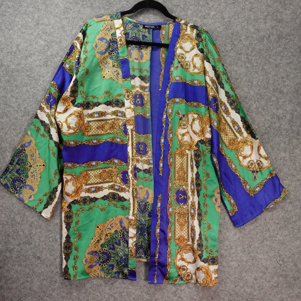 Boho Baroque Kimono Cardigan Womens SMALL Green Blue 1990s Scarf Print NASTY GAL